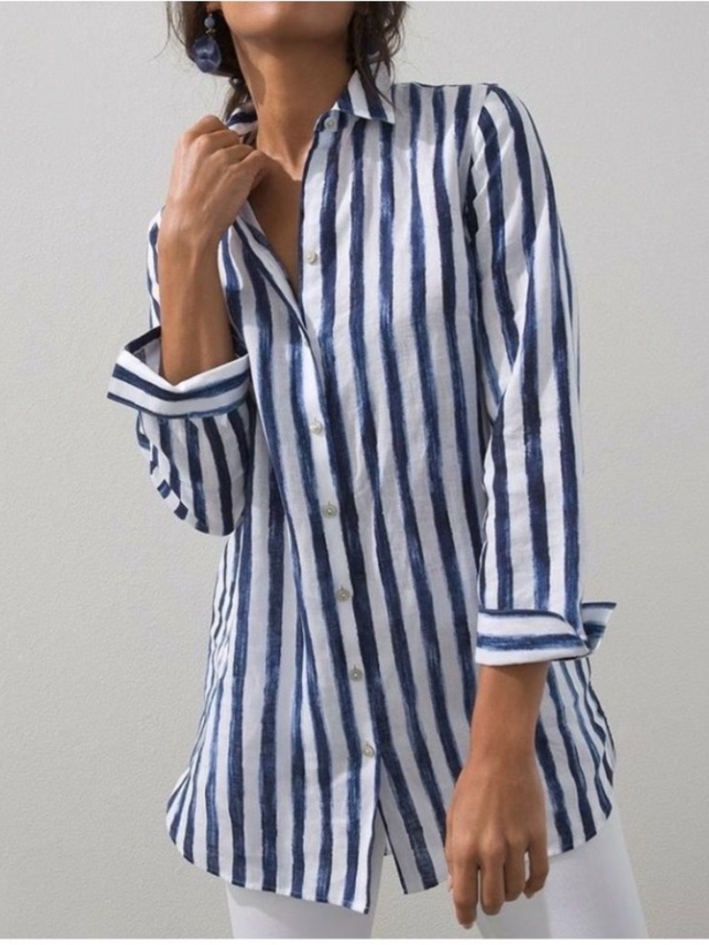 Chico's Navy & White Vertical Stripe Long-Sleeve Shirt Dress